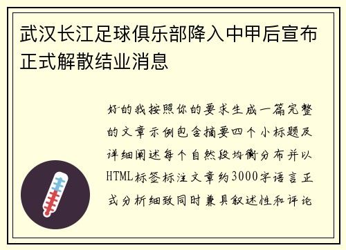 武汉长江足球俱乐部降入中甲后宣布正式解散结业消息